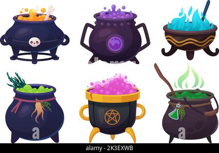 Witchs boiling cauldrons. Halloween smoke boiler, witch cauldron for cooking brew magic potion, wizards pot with purple bubble liquid soup or broth, ingenious vector illustration of halloween boiler Stock Vector