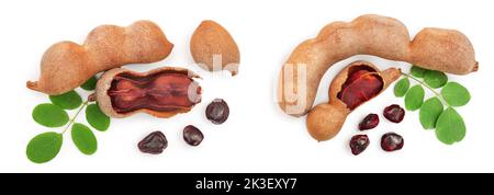 Tamarind fruit with leaf and seed isolated on white background, Top view. Flat lay Stock Photo