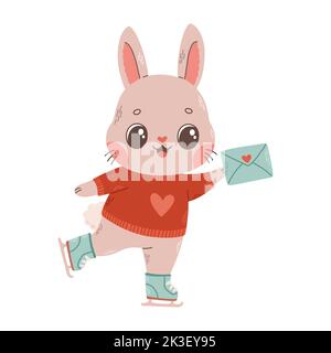 Cute bunny on ice skates with love letter vector Stock Vector