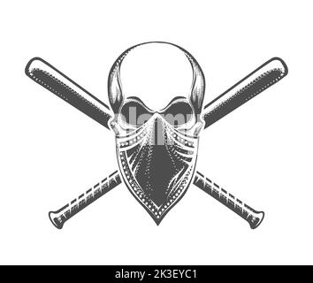 Skull in Bandana and Crossed Baseball Bats Tattoo on white Background. Vector Illustration. Stock Vector