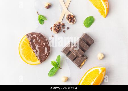 Making candied orange slices dipped in dark chocolate flatlay Stock Photo