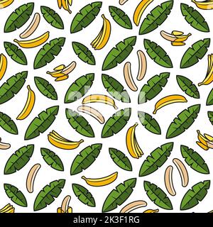 Seamless pattern with palms and bananas. Tropical vector background with isolated objects on white. Stock Vector