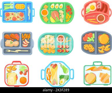 School meal trays. Lunch tray with food cafeteria menu, kid eat breakfast or dinner on convenience lunchbox top view, healthy students meals from canteen, vector illustration of tray lunch cafeteria Stock Vector