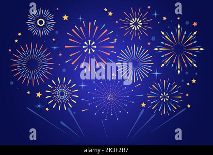 Night exploding firework. Color fireworks diwali celebration show in sky, celebratory firecracker explosion festival sparkler burst salute xmas party, vector illustration of event night festival fire Stock Vector