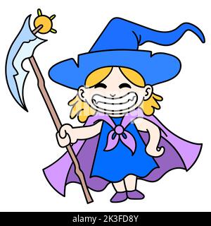 An editable cartoon style doodle of a witch girl with a wide smile, Halloween character Stock Vector