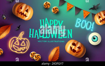 Happy halloween event mockup design background. including grinning jack o lantern pumpkins and sweet treats. Vector illustration. Stock Vector
