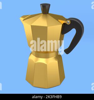 Italian geyser coffee maker a la moka on blue background. 3d render of coffee pot for making espresso coffee Stock Photo