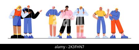 School bullying flat character set. Group of teen boys and girls mocking, laughing, pointing finger at offended weaker classmate. Conflict between children. Communication problem. Vector illustration Stock Vector