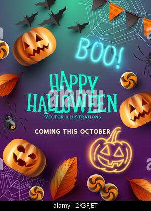 Spooky and fun halloween events background layout with pumpkins and bats. Vector illustration Stock Vector