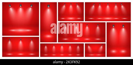 Empty red studio abstract backgrounds with spotlights. Product showcase backdrop with spotlight effect. Stage lighting. Vector illustration Stock Vector