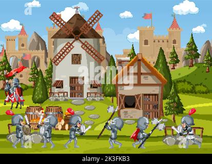 Medieval village scene castle background illustration Stock Vector ...