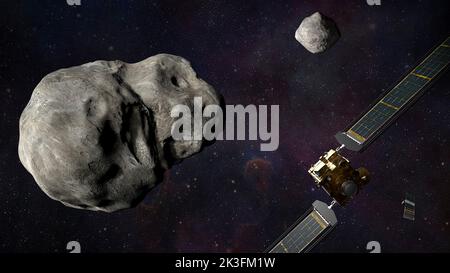 Huntsville, United States Of America. 26th Sep, 2022. Huntsville, United States of America. 26 September, 2022. An artists illustration depicting the NASA Double Asteroid Redirection Test - DART spacecraft prior to impact at the Didymos binary asteroid system. DART is expected to impact the asteroid September 26, 2022. Credit: Steve Gribben/NASA/Johns Hopkins APL/Alamy Live News Stock Photo