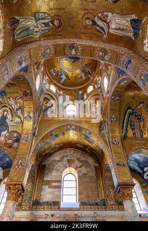 Palermo, Italy - July 7, 2020: Famous Martorana cathedral with beautiful mosaics on 12th century walls. Palermo is an UNESCO World Heritage Site with Stock Photo