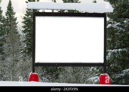 Empty poster in forest at winter. blank mockup advertising banner in ski resort Stock Photo