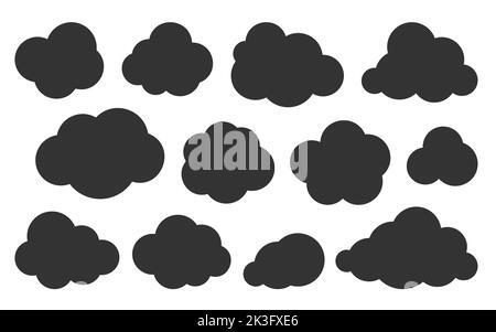 Clouds black silhouette icon set. Glyph vector symbol of weather, database, cloud storage or network. Graphic design template for web interface. Overcast, cleen cloudy sky element flat sign collection Stock Vector