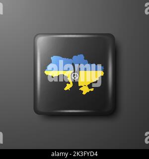Anti War Call with Peace Gesture on Ukranian Map and Flag. Black Button Pin Badge. Struggle, Protest, Support Ukraine, Slogan. Vector Illustration Stock Vector