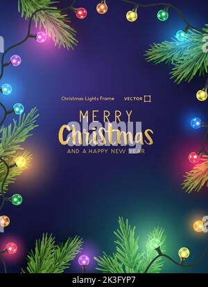 Glowing bright and colorful christmas fairy light chains. Holiday background frame vector illustration layout. Stock Vector