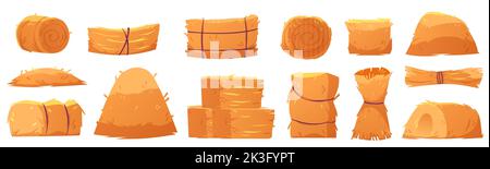 Hay stacks, dry yellow grass and straw bales isolated set. Harvest countryside farm natural agriculture haystacks, graphic design elements on white background, Cartoon vector illustration, icons Stock Vector