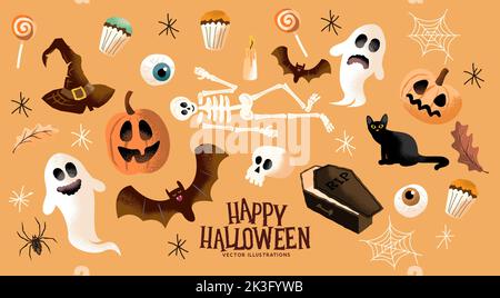 Happy halloween cute decorations and characters. Vector illustration Stock Vector