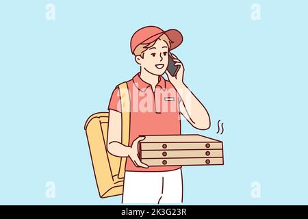 Happy young male deliveryman with pizza boxes calling client on cellphone. Smiling man courier deliver order to customer. Vector illustration. Stock Vector