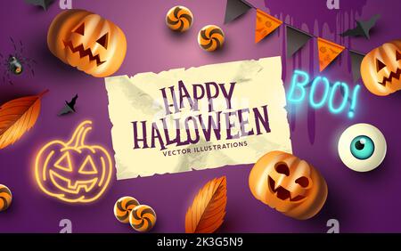 Happy halloween party event background layout with Jack O Lanterns and sweets. Vector illustration. Stock Vector
