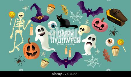 A collection of trick or treat halloween event characters and objects with ghosts, pumpkins and sweets. Stock Vector