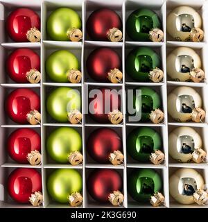 Close up on box full of Christmas tree decoration full frame Stock Photo