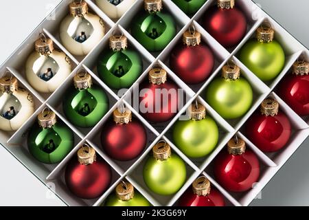 Close up on box full of Christmas tree decoration full frame Stock Photo