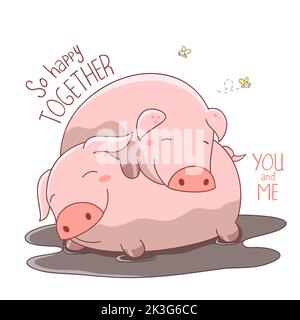 Two happy fat piglets sleeping in mud puddle. Inscription So happy together. Humor Valentine card. Funny quote for card, invitation, poster, t-shirt. Stock Vector