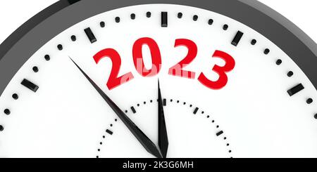 Black clock with number 2023 represents coming new year 2023, three-dimensional rendering, 3D illustration Stock Photo