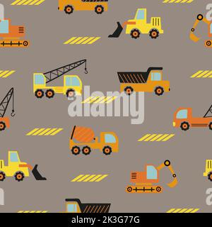 Seamless transport pattern with construction trucks for kids. Textile, fabric design. Stock Vector