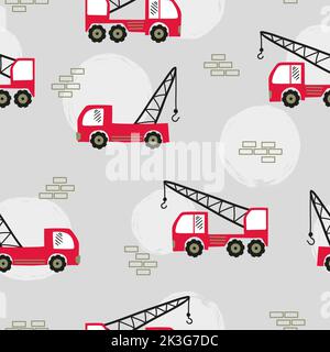 Seamless construction pattern with cartoon red vehicles. Stock Vector