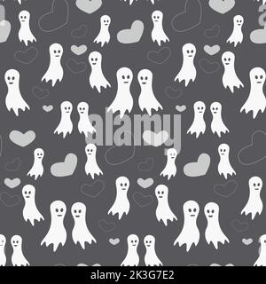 Seamless pattern for Halloween with two ghosts in love and heart shapes in trendy hues of gray. Happy Halloween Day. Good for wrapping paper, poster, postcard, greeting card, price tag, banner. Stock Vector