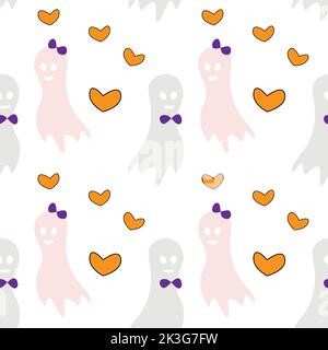 Seamless Halloween pattern with two ghosts in love and orange heart shapes. Isolate. Happy Halloween. Trendy print design. Good for wrapping paper, poster, postcard, greeting card, price tag, banner. Stock Vector