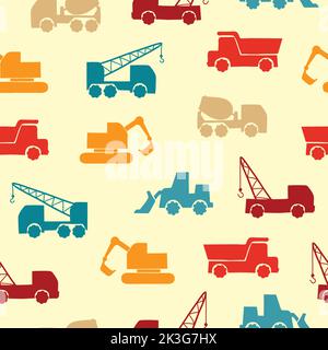 Seamless colorful transport pattern with construction trucks. Stock Vector