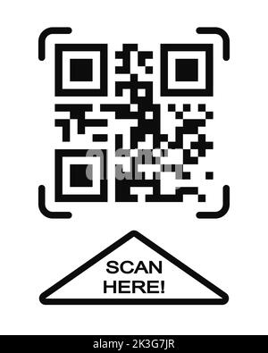 Scan here icon. QR code template. Fake example of quick responce matrix barcode in square grid. Mobile phone camera readable digital label isolated on white background. Vector graphic illustration Stock Vector