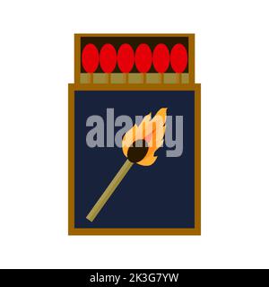 Matchbox open box match burn cardboard dark flat. Wooden match set ignited package light fire burner cooking fire kitchen camping military hunting accessory warm up ignition danger icon isolated Stock Vector