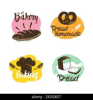 Bakery logotypes set. Colorful doodle bakery logos and labels collection Stock Vector