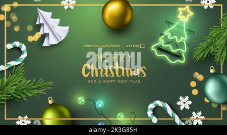 Festive green Christmas celebration background layout with decorations and lights. Vector illustration border frame. Stock Vector
