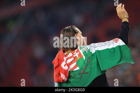 Budapest, Hungary, September 26, 2022. Hungary's forward Adam Szalai reacts after his last international match after the UEFA Nations League Group 3 football match between Hungary and Italy in Budapest on September 26, 2022. Stock Photo
