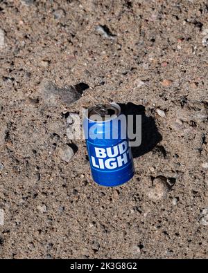 Litter - an empty Bud Light beer can left in the sand and gravel on the side of a road in the Adirondack Mountains, NY Stock Photo