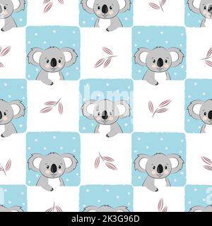 Seamless checked pattern with cute cartoon koala bear. Baby print. Stock Vector