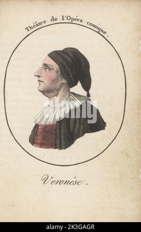 Charles-Antoine Veronese, Italian actor famous for his performance as Pantalon in the commedia dell’arte, 1702-1762. Debuted at the Comedie-Italienne in 1744. Veronese. Theatre de l'Opera comique. Handcoloured stipple engraving after Jacques Grasset Saint-Sauveur from Acteurs et Actrices Celebres, Famous Actors and Actresses, Chez Latour Libraire, Paris, 1808. Stock Photo