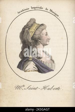 Anne-Antoinette-Cécile Clavel, or Madame Saint-Huberty or Saint-Huberti, celebrated French operatic soprano 1756-1812. Later the Comtesse d'Antraigues, murdered in London with her husband in 1812. Mlle Saint-Huberti. Academie Imperiale de Musique. Handcoloured stipple engraving after Jacques Grasset Saint-Sauveur from Acteurs et Actrices Celebres, Famous Actors and Actresses, Chez Latour Libraire, Paris, 1808. Stock Photo