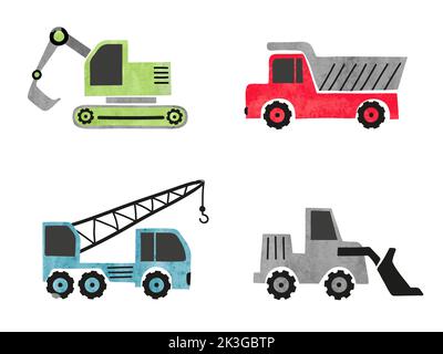 Cartoon constructions truck set. Vector watercolor transport illustration Stock Vector