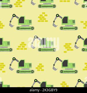 Seamless cartoon excavator transport pattern. Construction trucks background. Stock Vector
