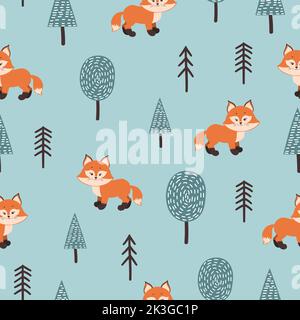 Seamless pattern with cute fox and abstract trees. Forest childish vector illustration. Baby print Stock Vector
