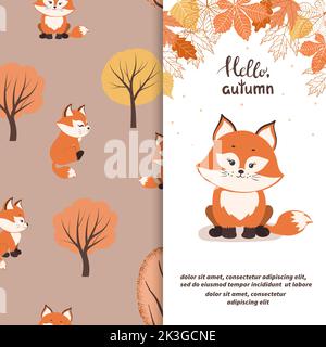 Cartoon little fox. Seamless autumn forest pattern with cute foxes for kids Stock Vector