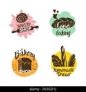 Bakery logotypes set. Colorful doodle bakery logos and bread labels collection Stock Vector