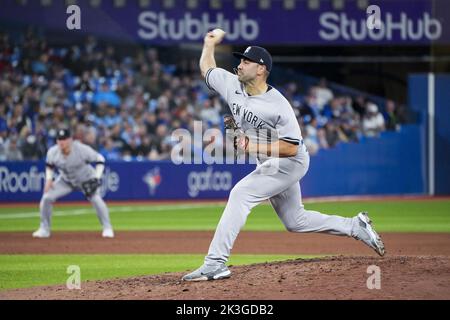 Toronto, Canada. 25th Sep, 2022. New York Yankees pitcher Zach Pop throws a pitch in the fifth inning against the Toronto Blue Jays at Rogers Centre in Toronto, Canada on Monday, September 26, 2022. Aaron Judge is one home run away from tying the American League and Yankees club record with 61 home runs set by Roger Maris. Photo by Andrew Lahodynskyj/UPI Credit: UPI/Alamy Live News Stock Photo